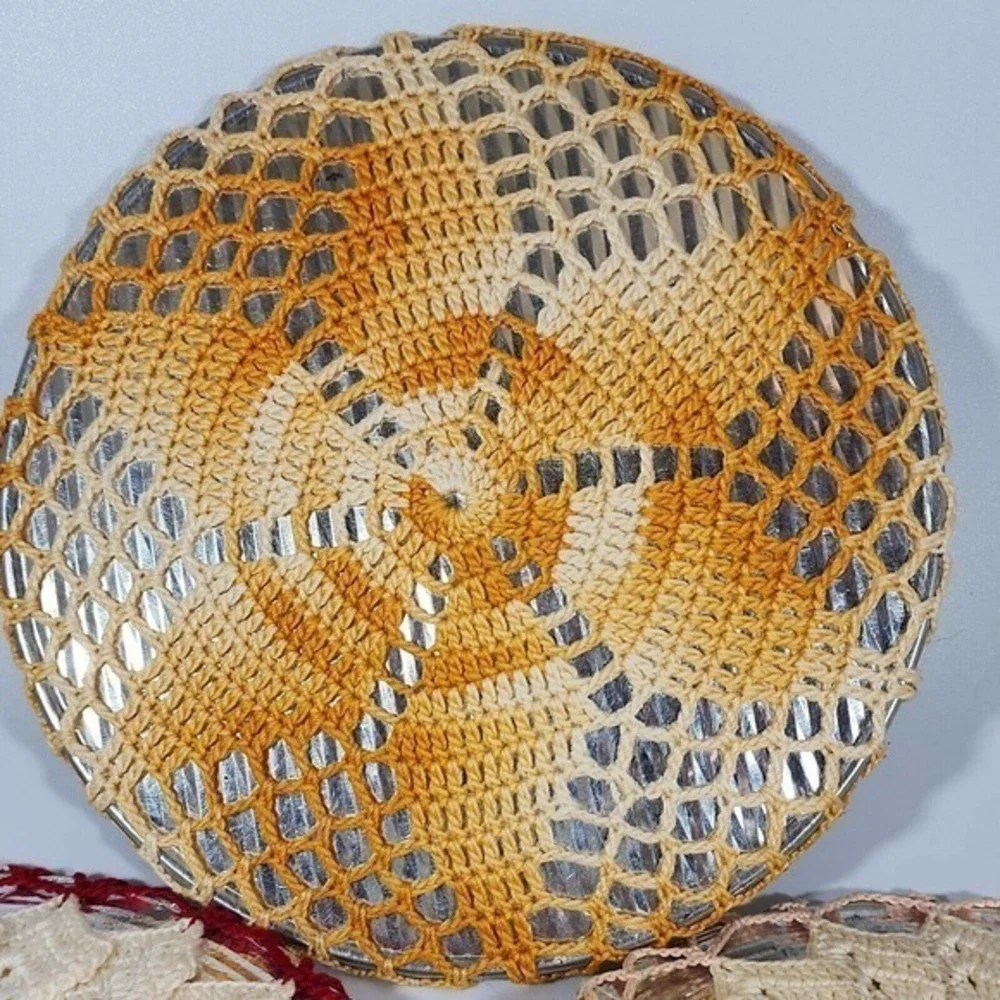 ThreeVTG 1950’s Cardboard-backed Silver Foil Trivets w/Matching Crocheted Covers